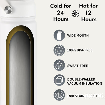 Mininoo Insulated Stainless Steel Water Bottle - 24 oz with Straw & Lid | Durable White Design