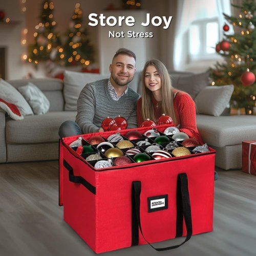 Christmas Ornament Storage Container - Large Organizer Bin with Adjustable Dividers for 96 Ornaments