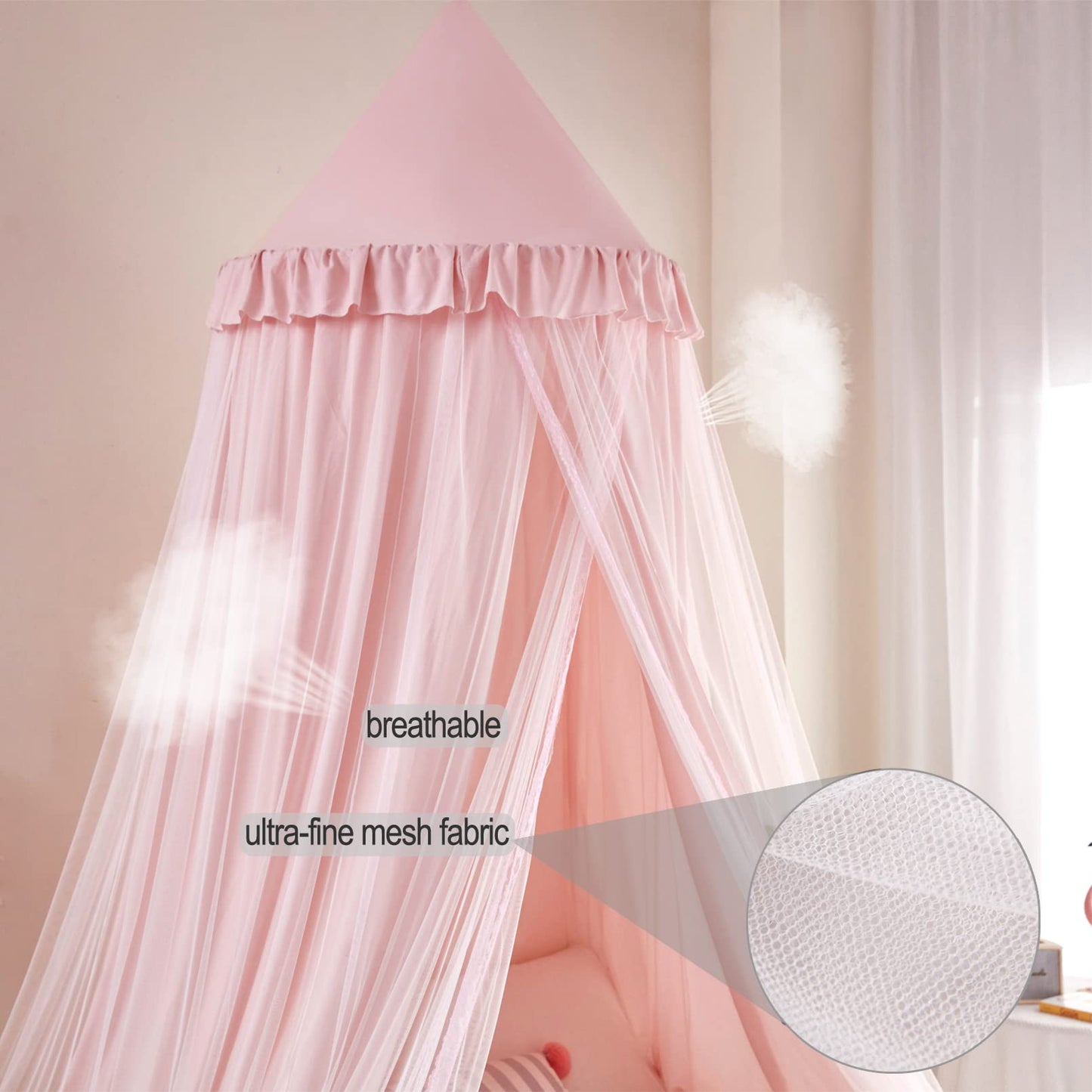 Kertnic Large Dome Bed Canopy for Kids Room Double Layer Mosquito Net, Hanging Play Tent Children Reading Nook Canopies, Princess Castle Dreamy Bedding for Girls Room House Décor (Beige Pink)