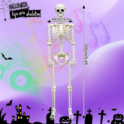 5.4FT Full Size Halloween Skeleton, Life Size Posable Skeleton with Glowing Eyes Scary Sound, Plastic Skeleton with Movable Joints for Halloween Decoration