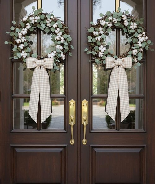 Khaki White Checkered Plaid Bow Ribbon Wreath Sash by [Brand Name] - Rustic Holiday Decor (5.12" x 54.33")