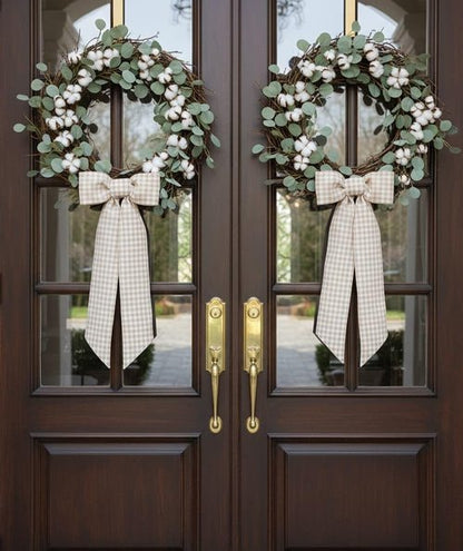 Khaki White Checkered Plaid Bow Ribbon Wreath Sash by [Brand Name] - Rustic Holiday Decor (5.12" x 54.33")