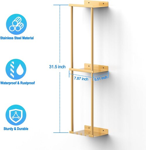 Liuoud Towel Rack - Wall-Mounted Vertical Towel Storage Organizer with Shelf | Holds 6 Large Bath Sheets - Gold