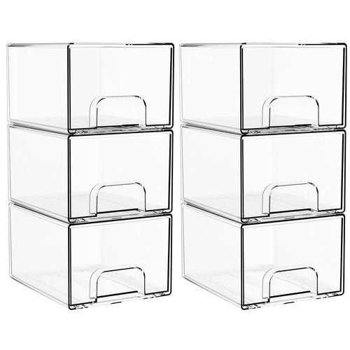 4.4" Tall Small Clear Acrylic Stackable Storage Drawers for Vanity,Under Sink,Bathroom Closet,Medicine Cabinet Organization and Plastic Storage Bins for Organizing Makeup,Baby Bottles,Pacifier,6 PCS