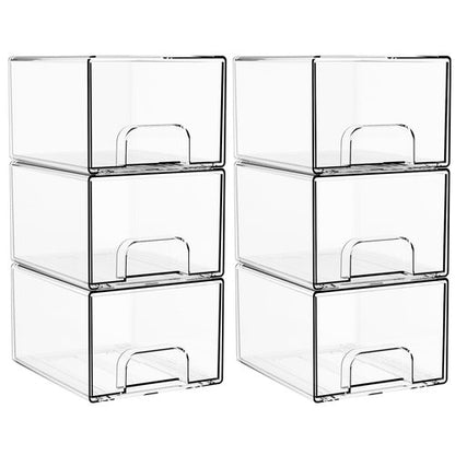 4.4" Tall Small Clear Acrylic Stackable Storage Drawers for Vanity,Under Sink,Bathroom Closet,Medicine Cabinet Organization and Plastic Storage Bins for Organizing Makeup,Baby Bottles,Pacifier,6 PCS