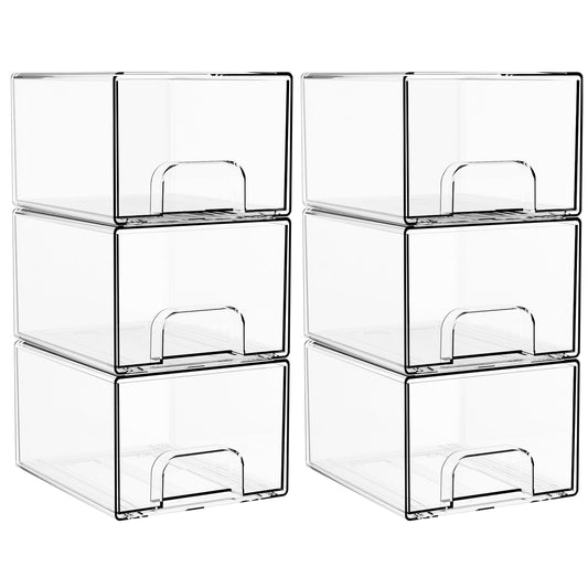 4.4" Tall Small Clear Acrylic Stackable Storage Drawers for Vanity,Under Sink,Bathroom Closet,Medicine Cabinet Organization and Plastic Storage Bins for Organizing Makeup,Baby Bottles,Pacifier,6 PCS