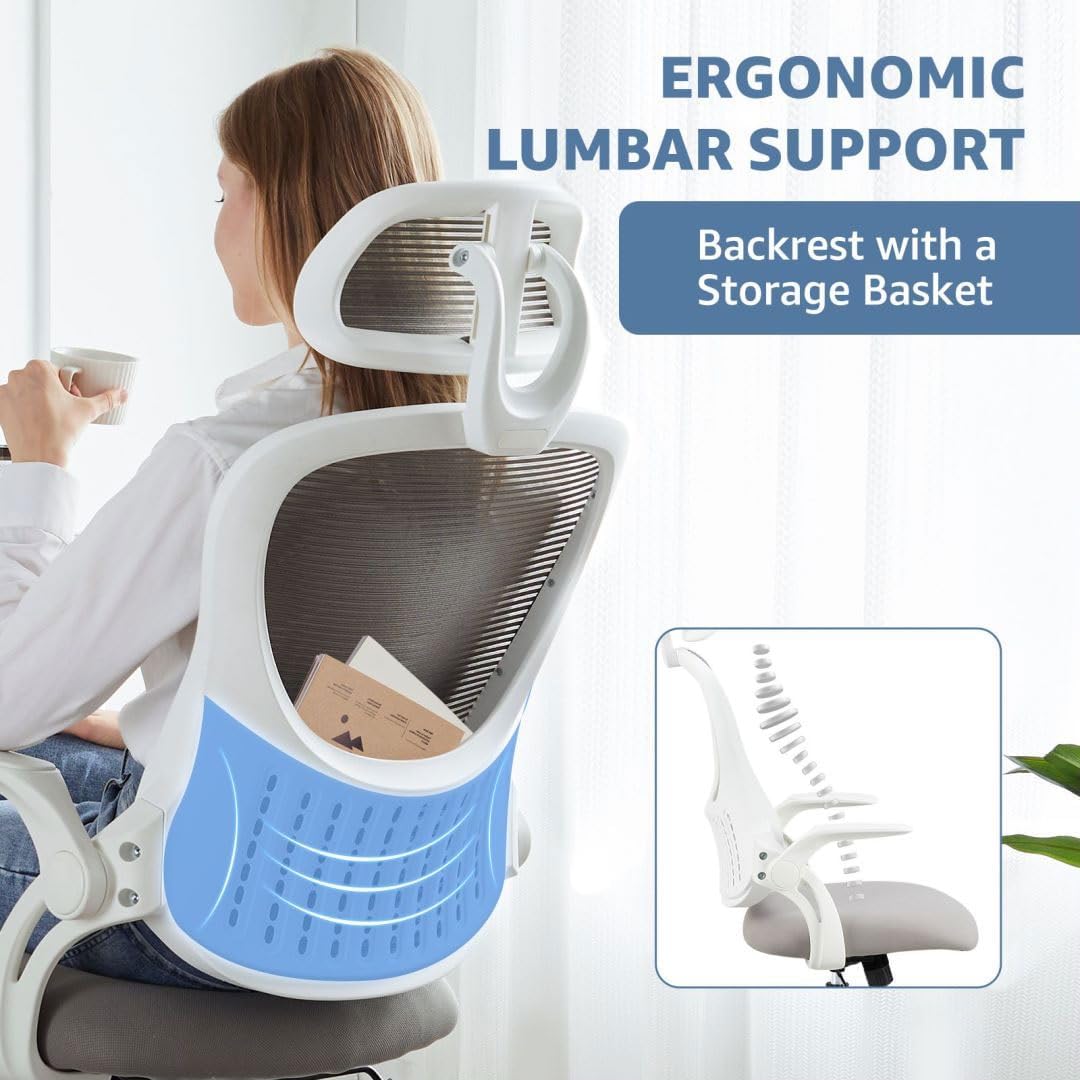 Skiennix Ergonomic Office Chair - Adjustable Lumbar Support & Flip-Up Armrests | High Back Mesh Taskchair in Grey