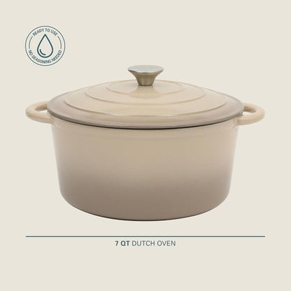 Gibson Home Addlestone 7 Qt Enameled Cast Iron Dutch Oven - Round, Oven Safe to 500°F for Bread Baking & Stews | Gradient Taupe