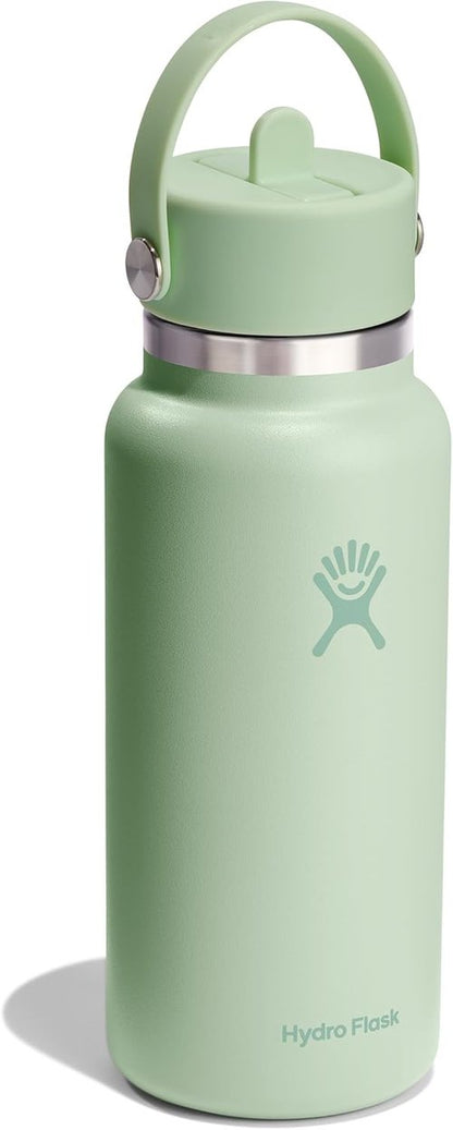 Hydro Flask Water Bottle - Insulated Stainless Steel - 32 Oz Aloe Green with Wide Mouth Flex Straw Lid