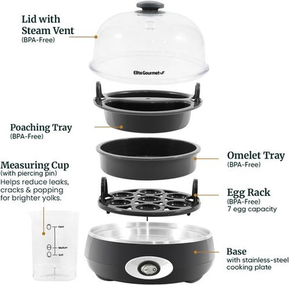 Elite Gourmet Rapid Egg Cooker - Perfectly Cook 7 Hard, Medium, Soft Boiled Eggs | Charcoal Grey