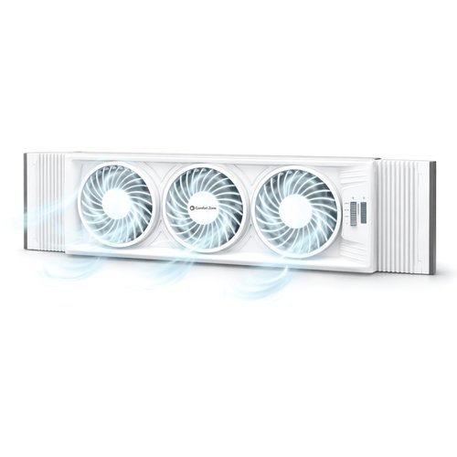Comfort Zone Triple Window Fan with Adjustable Thermostat | 3-Speed High-Velocity Cooling | Horizontal or Vertical Manual Control | Fits Double Hung Windows (Min 25" x 8") | Fully Assembled | White