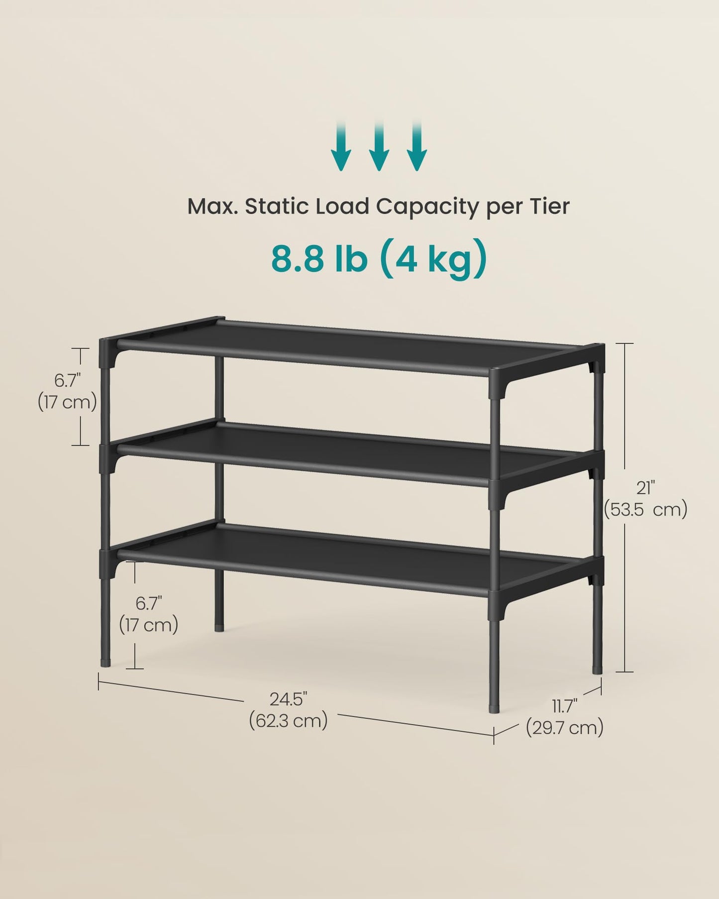 SONGMICS Shoe Rack, 3-Tier Shoe Storage Organizer, Space-Saving, 11.7 x 24.5 x 21 Inches, Entryway, Metal Frame, Non-Woven Fabric Shelves, Ink Black ULSH023BH01