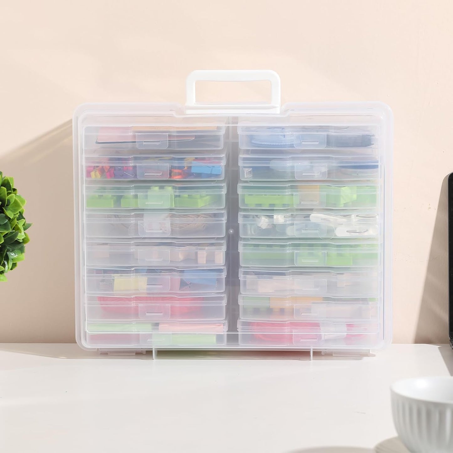 Novelinks Transparent Photo Cases - 4" x 6" Clear Craft Keeper with Handle & 16 Inner Organizers
