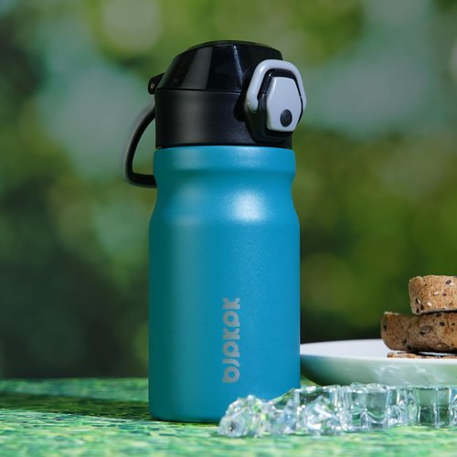 BJPKPK Insulated Water Bottle - 14oz Stainless Steel Flask with Straw & Carry Handle | Dark Grey