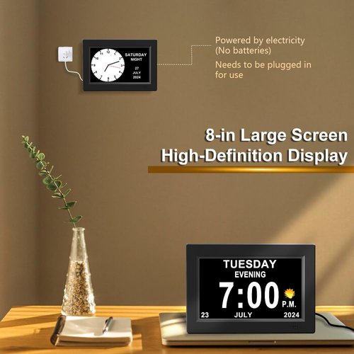 8inch Extra Large Impaired Vision Digital Alarm Clock with Day and Time for Elderly Calendar Clock Auto Dimmable Clock