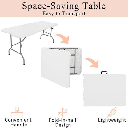 Folding Tables Set of 2 - Lightweight Rectangular Portable Plastic with Steel Legs | 5.85FT White for Events & Picnics