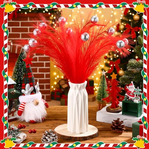 Red Christmas Tree Pick Ornaments Stems - 17 Inch Holiday Decor Set