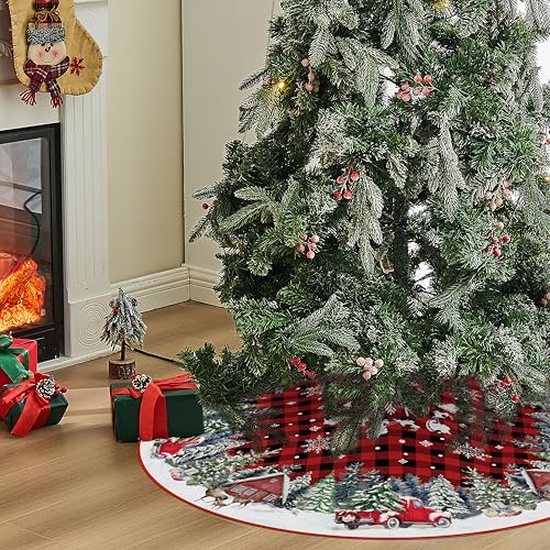 Red Buffalo Plaid Christmas Tree Skirt 48 Inch with Truck Design