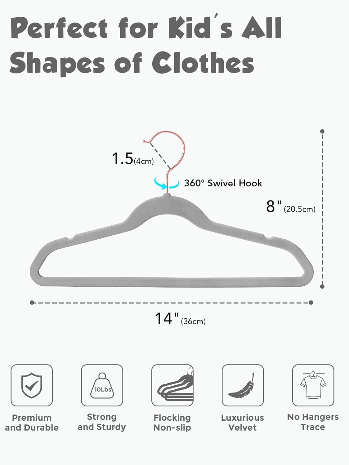 Smartor Kids Velvet Hangers - 50 Pack Premium Non-Slip Felt Hangers for Toddler Clothes | Grey with Rose Gold Hook