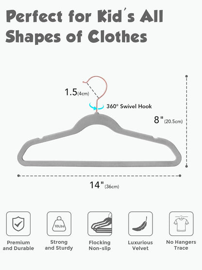Smartor Kids Velvet Hangers - 50 Pack Premium Non-Slip Felt Hangers for Toddler Clothes | Grey with Rose Gold Hook