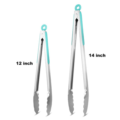 304 Stainless Steel Kitchen Cooking Tongs, 12" and 14" Set of 2 Sturdy Grilling Barbeque Brushed Locking Food Tongs with Ergonomic Grip, Aqua Sky