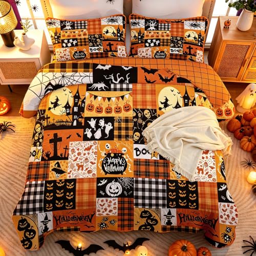 Halloween Quilt Set Queen - Orange Pumpkin Patchwork Bedspread with Witches & Jack-o'-Lanterns