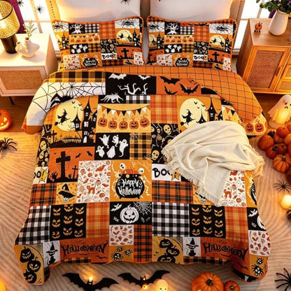 Halloween Quilt Set Queen - Orange Pumpkin Patchwork Bedspread with Witches & Jack-o'-Lanterns