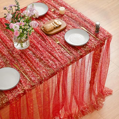 Horaldaily Red Gold Gauze Square Tablecloth 60x60 Inch Home Decor