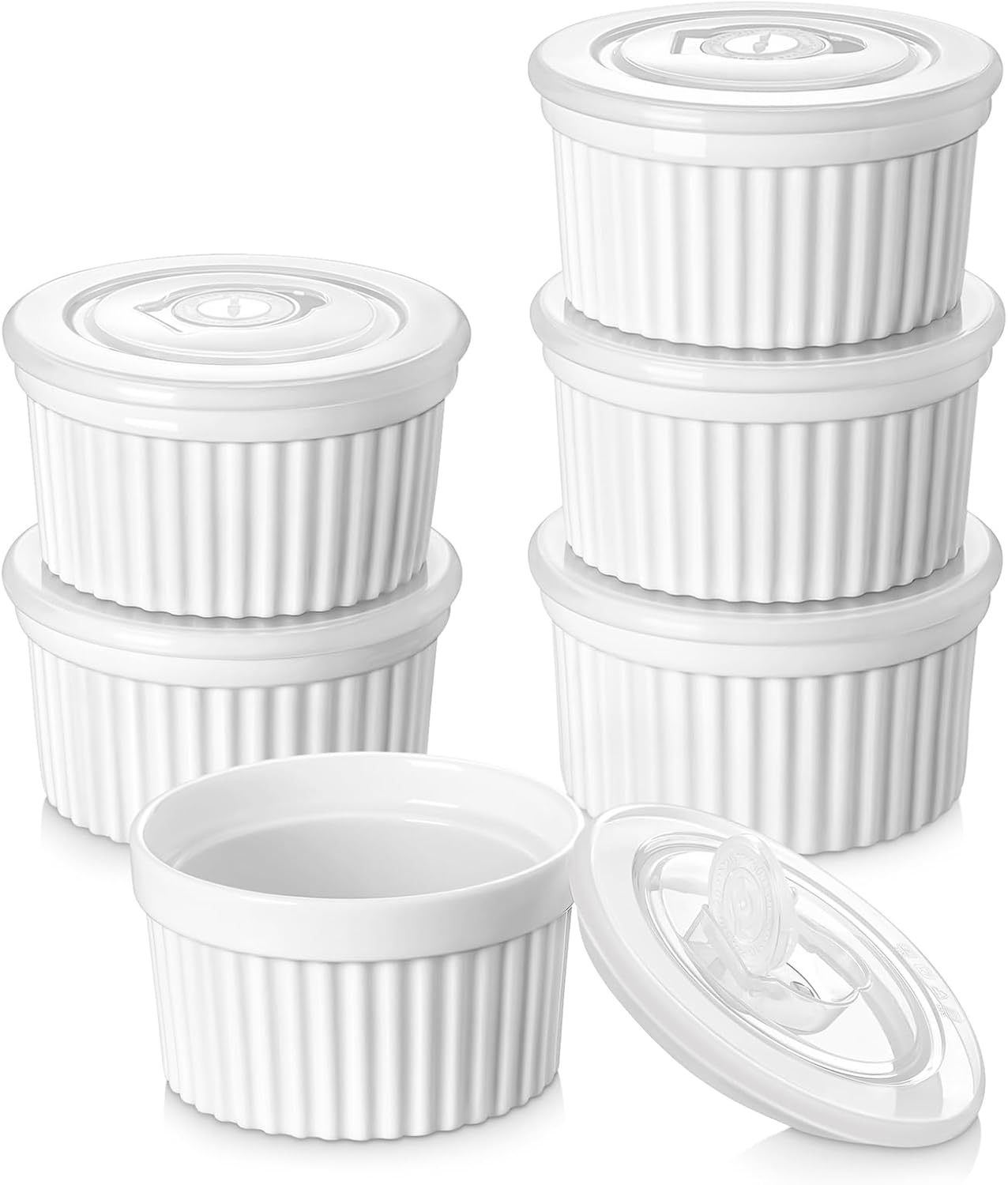 Vancasso 10 Oz Ramekins - Porcelain Creme Brulee Souffle Dishes with Lids | Set of 6, Oven & Dishwasher Safe