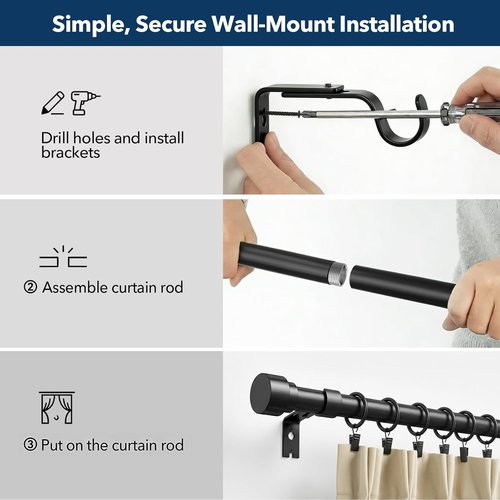 IFELS Heavy Duty Curtain Rods - Adjustable 66 to 120 Inch Black Drapery Rods with Modern Design & Easy Installation