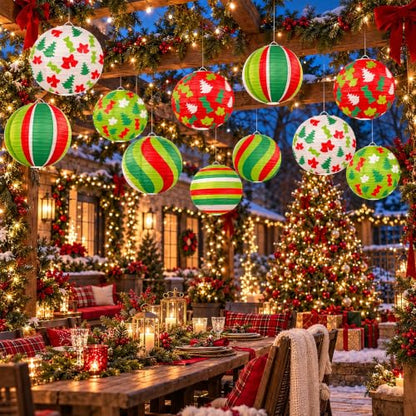 Christmas Paper Lanterns Set - 12 Hanging Holiday Decorations with 5 Designs - Variation of Christmas Paper Lanterns