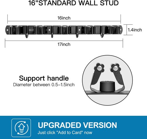 IMILLET Wall Mounted Broom and Mop Holder - Heavy Duty Stainless Steel Organizer with 5 Racks & 4 Hooks