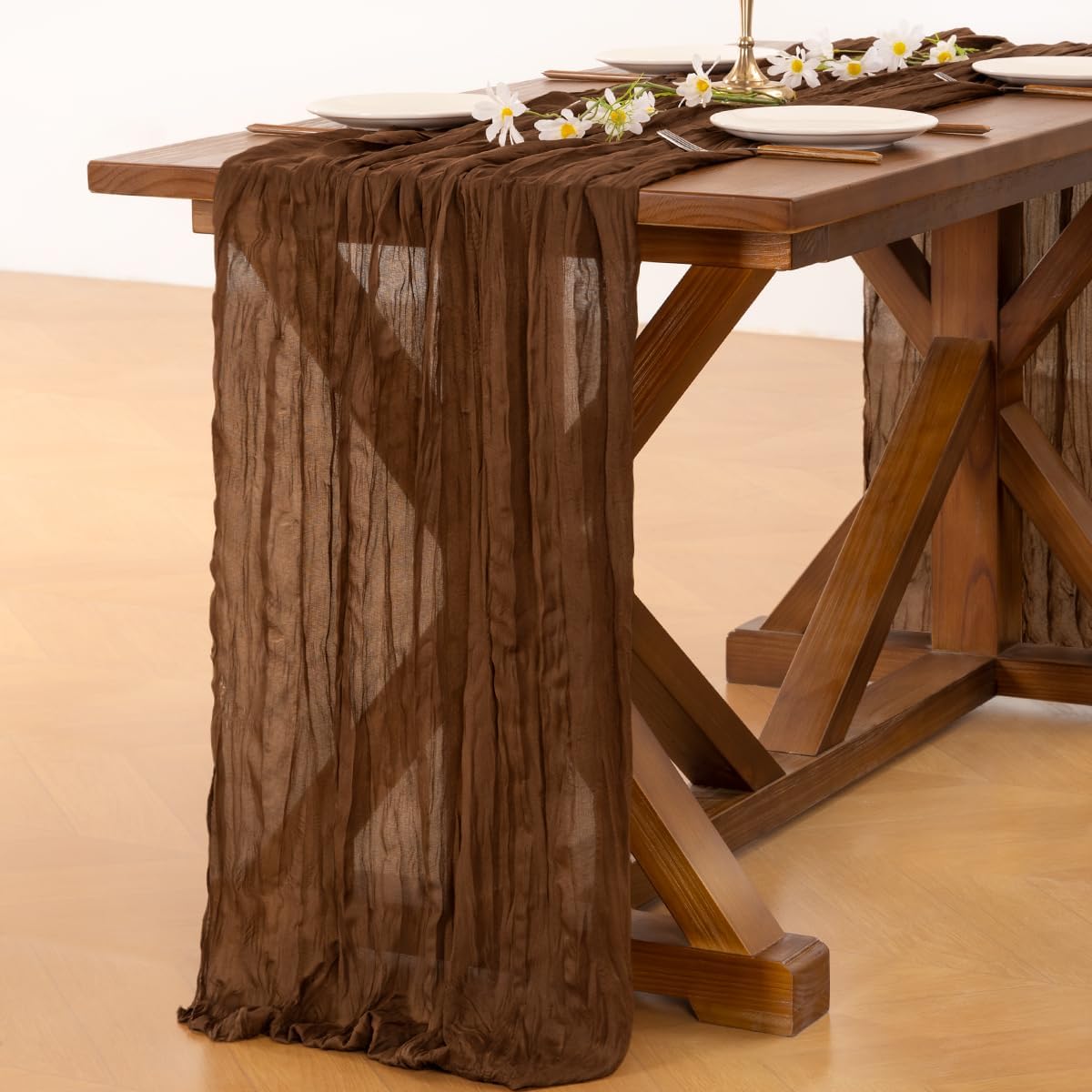 Socomi 3-Piece Brown Coffee Table Runner Set - Boho Rustic Gauze | 120 Inch for Weddings & Events