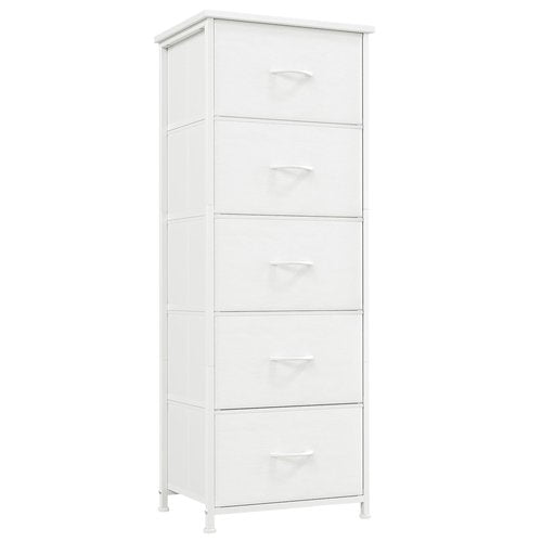 Somdot Tall Dresser for Bedroom with 5 Drawers, Storage Organizer Chest of Drawers with Removable Fabric Bins for Closet Bedside Living Room Laundry Entryway Hallway, White Leather