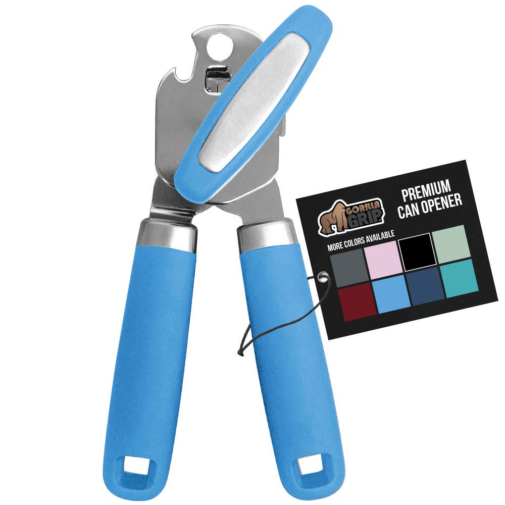 The Original Gorilla Grip Heavy Duty Stainless Steel Smooth Edge Manual Hand Held Can Opener With Soft Touch Handle, Rust Proof Oversized Handheld Easy Turn Knob, Large Lid Openers, Aqua