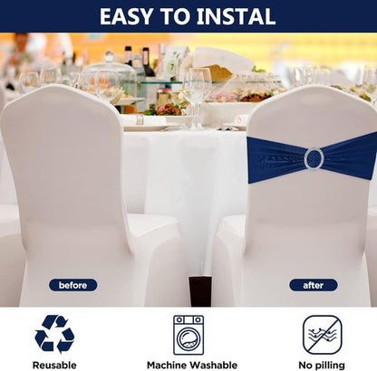 CHENGU Spandex Stretch Chair Sashes - 150 Elastic Covers with Buckle Slider for Weddings & Events | Dark Blue