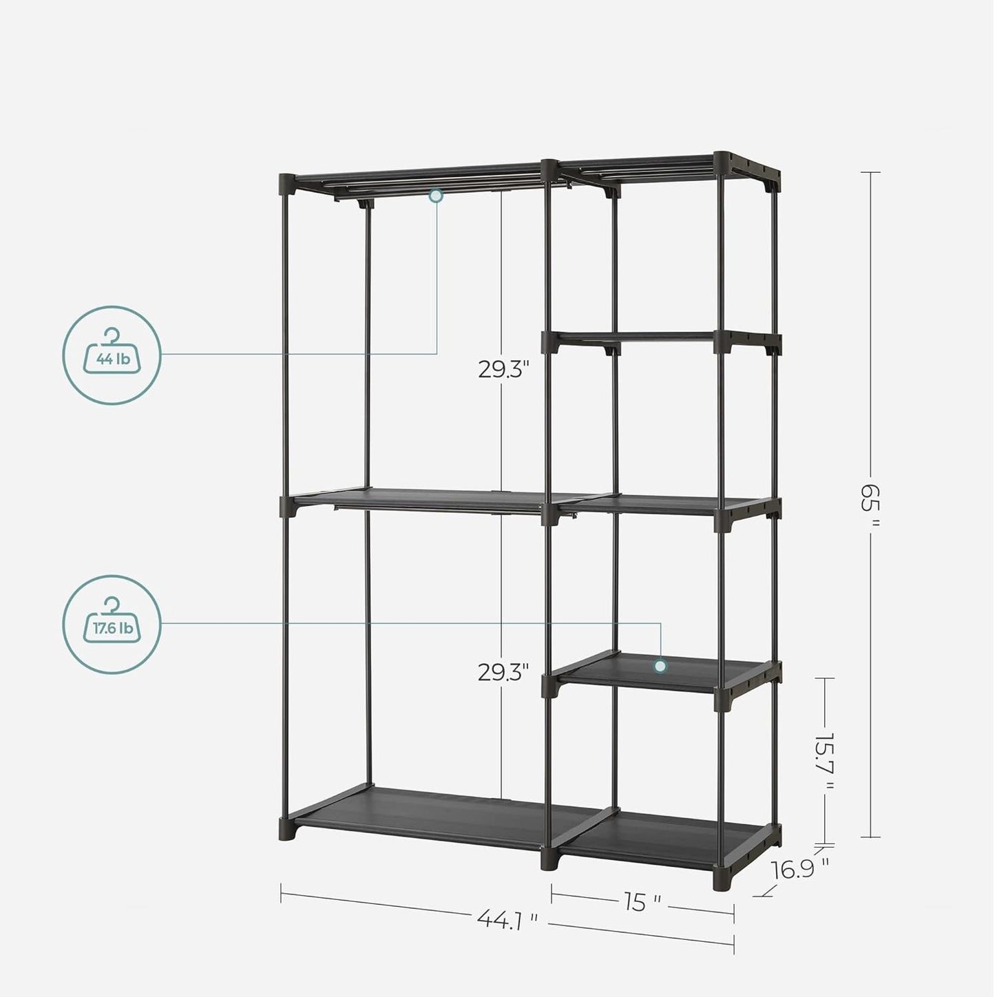 SONGMICS Portable Closet - Freestanding Clothes Rack with Shelves & Hanging Rods | Black, 44.1 x 16.9 x 65 Inches