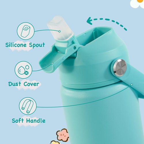 Kerilyn Kids Water Bottle - 12oz Stainless Steel Insulated Cup with Straws | Leak-Proof, BPA Free, Green