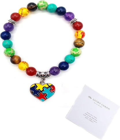 Regine Switzerland Autism Awareness 7 Chakra Gemstone Bracelet - Heart & Puzzle Design for Yoga & Meditation