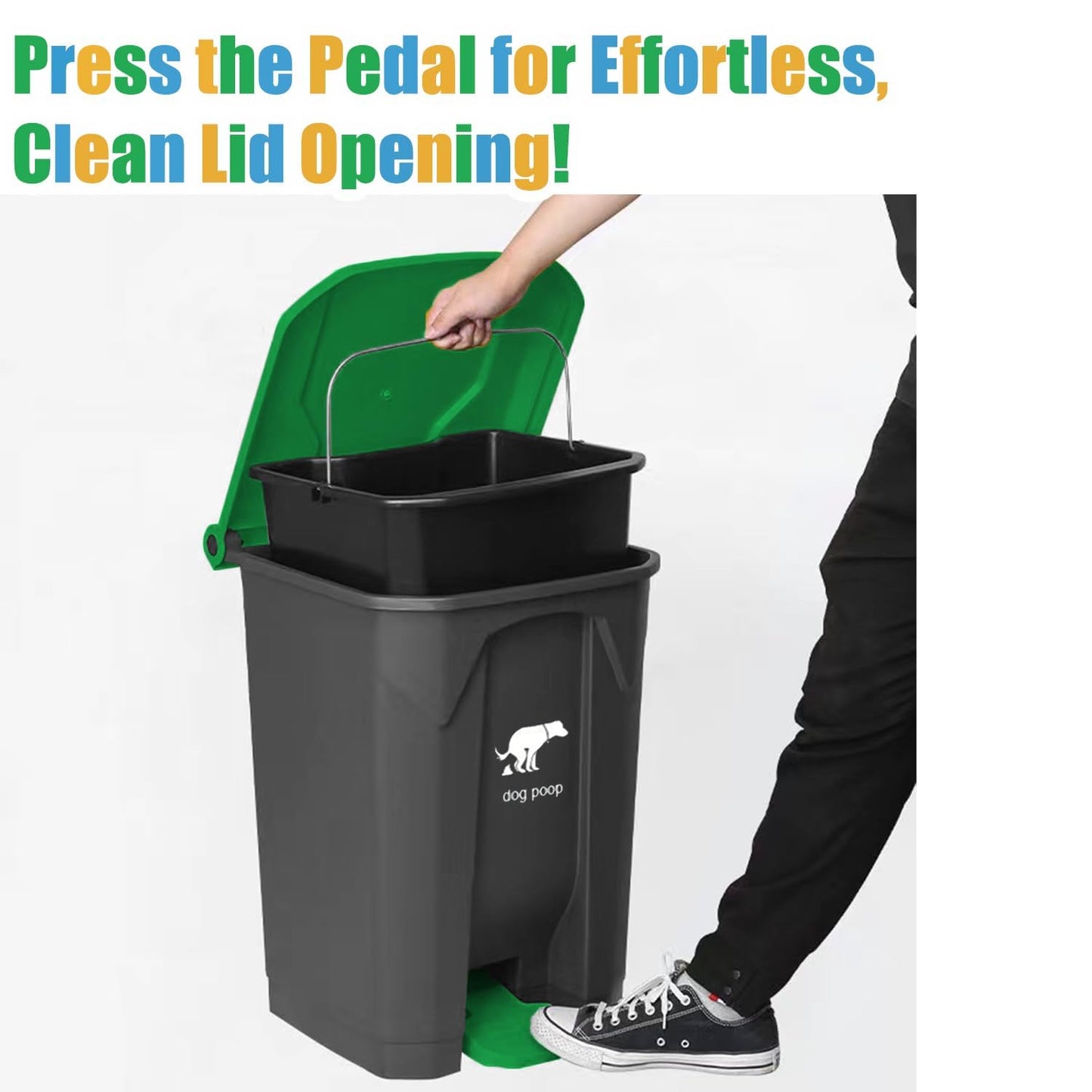 Yatmung Dog Poop Trash Can Outside - One-Stop Solution Pooper Scooper Set - 20L Dog Waste Trash Can Outdoor with Lid - Backyard, Yard - with Removable Inner Bin, Long Handle Metal Tray and Rake, Bags