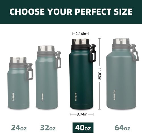 BJPKPK 40oz Insulated Water Bottle - BPA Free Stainless Steel Thermal Flask | Dark Green Color