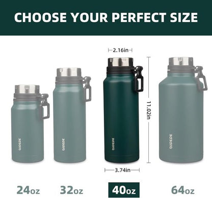 BJPKPK 40oz Insulated Water Bottle - BPA Free Stainless Steel Thermal Flask | Dark Green Color