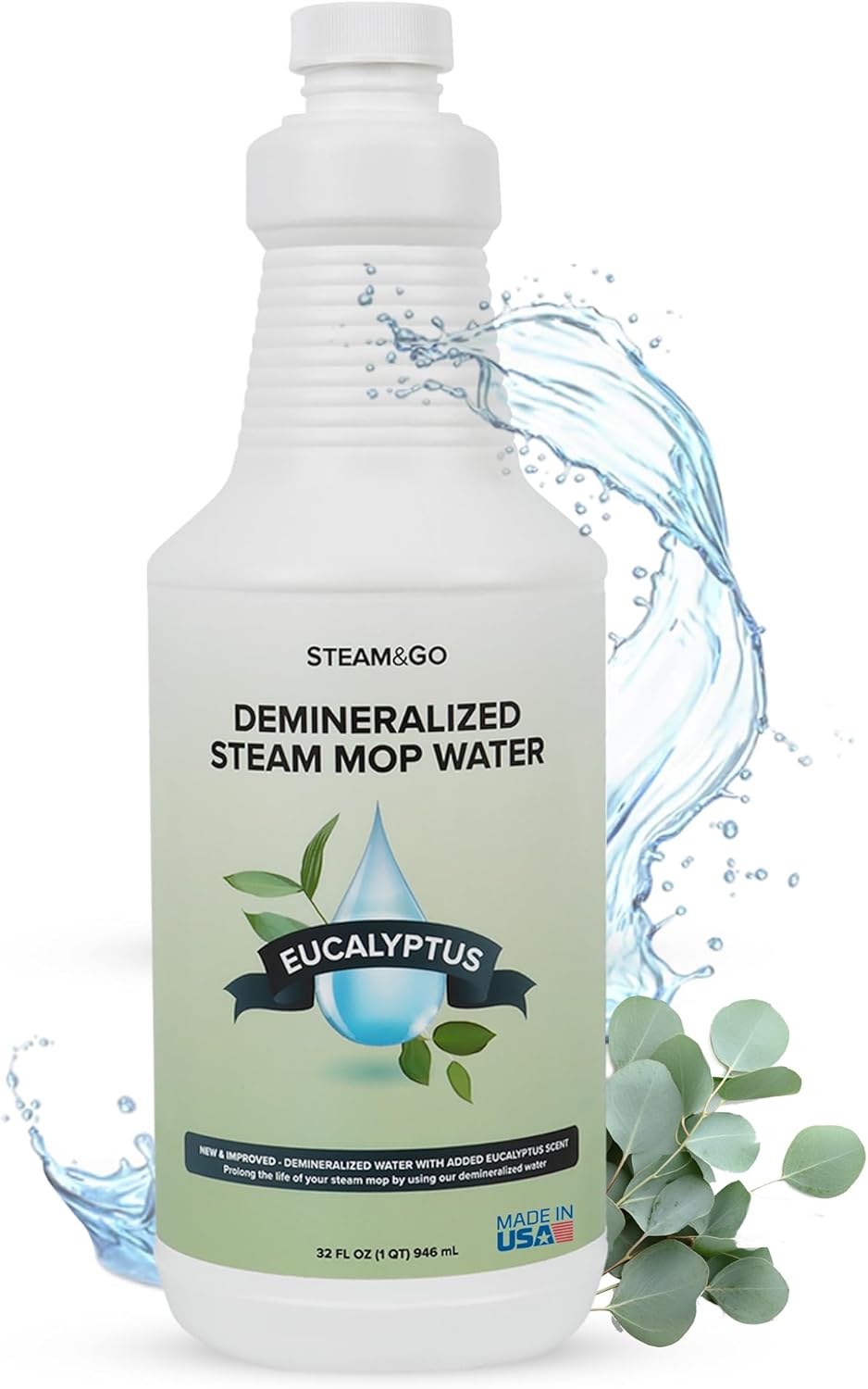 Steam & Go Demineralized Water - Ready-to-Use Eucalyptus Mint Cleaner for Steam Mops | 32 oz