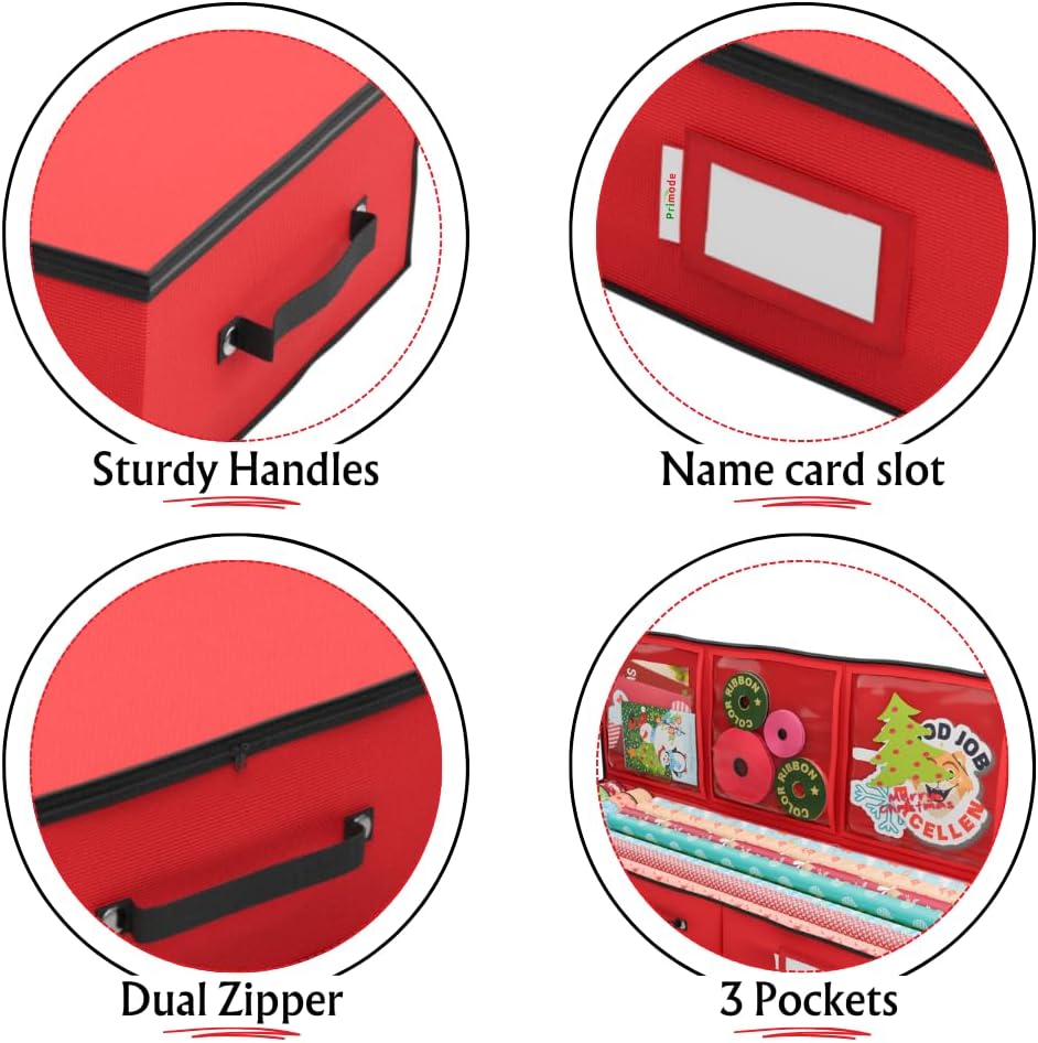 Primode Wrapping Paper Storage Container - Gift Wrap Organizer Under Bed | 41”x14”x6” | Holds 18-24 Rolls Up to 40” | Durable 600D Oxford | Includes Pockets for Ribbons and Bows (Red)