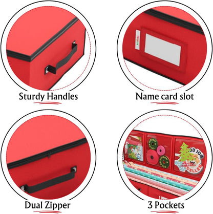 Primode Wrapping Paper Storage Container - Gift Wrap Organizer Under Bed | 41”x14”x6” | Holds 18-24 Rolls Up to 40” | Durable 600D Oxford | Includes Pockets for Ribbons and Bows (Red)
