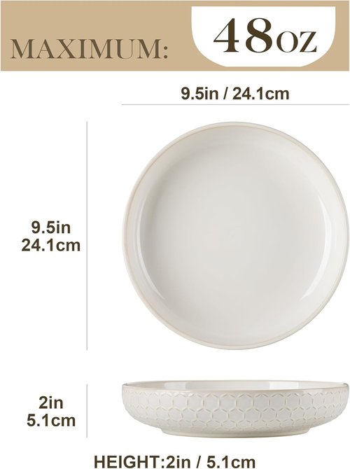 MALACASA Pasta Bowls - 48 Oz Large Ceramic Salad Bowls | Modern Relief Design, Set of 4