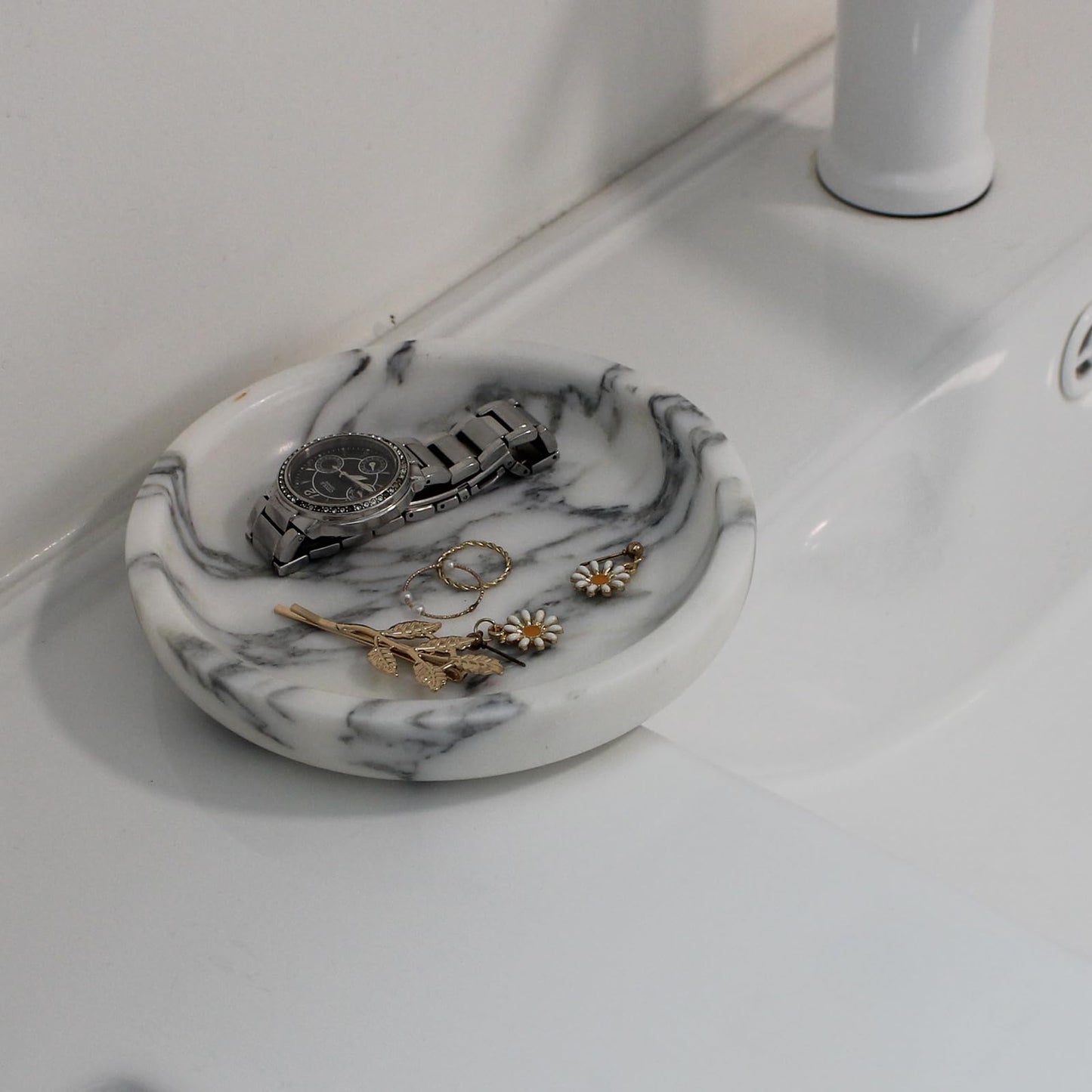 Natural Marble Jewelry Dish 5.5", Trinket Dish for Ring Earring, Gift for Woman Daugther (Arabescato Calacatta)