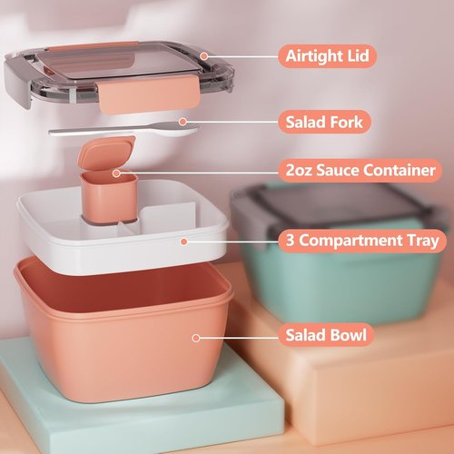Cherrysea Salad Lunch Box - 2-Pack Leak-Proof Bowls with 3 Compartments & Fork | Green & Pink