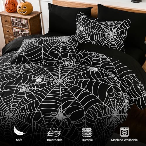 Halloween Comforter Set Queen Size Bed in a Bag with Spider Web Pattern