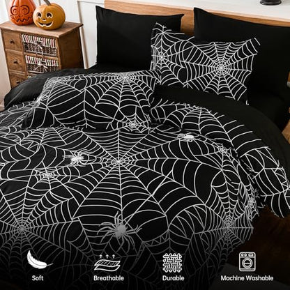 Halloween Comforter Set Queen Size Bed in a Bag with Spider Web Pattern